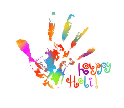 Holi festival poster wishing card design with splash of colors, handprint and massage