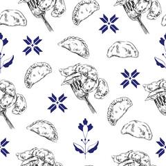 Pattern. National Ukrainian cuisine, vareniks, sketch vector, isolate on white.