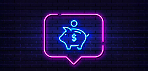 Neon light speech bubble. Piggy bank line icon. Coins money sign. Business savings symbol. Neon light background. Piggy bank glow line. Brick wall banner. Vector