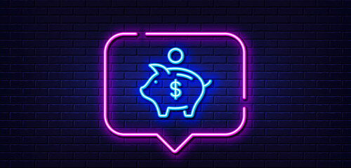 Neon light speech bubble. Piggy bank line icon. Coins money sign. Business savings symbol. Neon light background. Piggy bank glow line. Brick wall banner. Vector