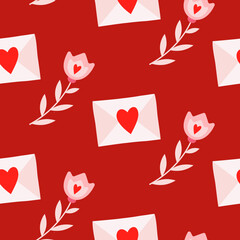 Seamless pattern of hand drawn love letters and flowers on isolated red background. Romantic love design for love, Valentine’s day, mother’s day, wedding celebration, greeting card, scrapbooking.