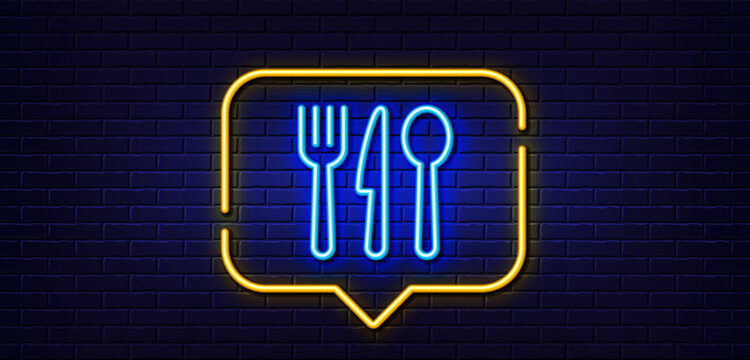 Neon light speech bubble. Food line icon. Cutlery sign. Fork, knife, spoon symbol. Neon light background. Food glow line. Brick wall banner. Vector