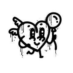 Funny retro cartoon character and love symbol of heart mascot with balloon and wings - urban graffiti mascot . Textured sprayed Vector illustration for t-shirt, sticker, or apparel merchandise.