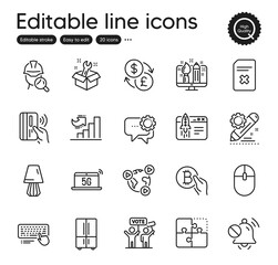 Set of Technology outline icons. Contains icons as Computer mouse, Creative design and Voting campaign elements. Table lamp, Inspect, Bitcoin pay web signs. Puzzle, Growth chart. Vector