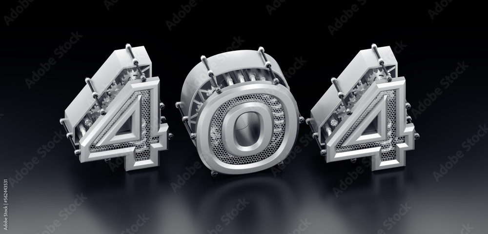 Aufkleber The Error 404 - Page Not Found. Designed in modern steampunk style a row of 3D digits, which are composed into the number of 404 on reflective surface. 3D rendering graphics in isometric projection.