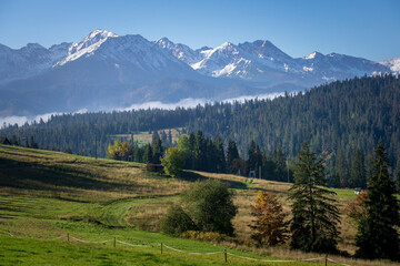 Fototapeta na wymiar Panorama of the Tatra Mountains in autumn. View from the area of Bukowina Tatrzanska.