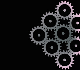 set of smoothly gradated silver multicolored gears on black background
