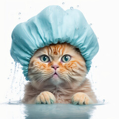 Funny illustration of moody cat wearing shower cap. White background. Generative AI