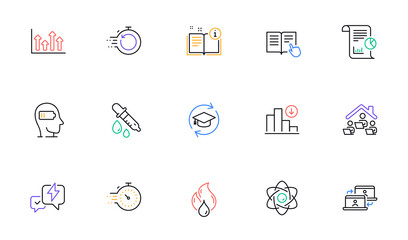 Read instruction, Work home and Report line icons for website, printing. Collection of Outsource work, Manual, Fast recovery icons. Timer, Flammable fuel, Weariness web elements. Vector