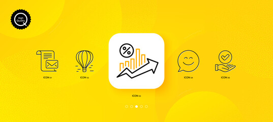 Fototapeta na wymiar Mail letter, Air balloon and Smile chat minimal line icons. Yellow abstract background. Approved checkbox, Loan percent icons. For web, application, printing. Vector
