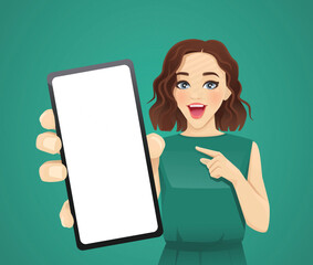 Surprised beautiful woman pointing to the blank phone screen vector illustration on green background