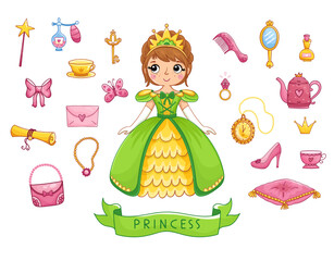 Big vector set of a beautiful little princess and design elements. Accessories for a doll in a cartoon style.