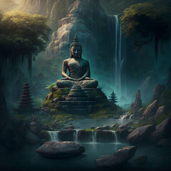 Sitting Buddha Waterfall Mountain. Generative AI. Buddhism Religion Illustration. Nature and Faith. Asian Oriental Way of Lifestyle.