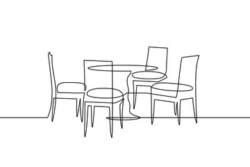 Dining table and chairs in continuous line art drawing style. Classic style dining room furniture black linear sketch isolated on white background. Vector illustration