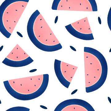 cute hand drawn seamless pattern with pink and blue watermelon