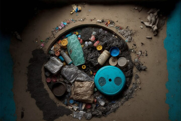 Environmental Crisis: Circle of Plastic Waste Polluting the Gutter, generative ai



