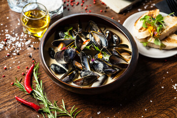 Blue mussels in cream wine sauce. Delicious healthy Italian traditional food closeup served for lunch in modern gourmet cuisine restaurant - obrazy, fototapety, plakaty