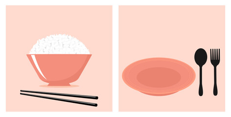 Rice bowl, plate, chopsticks, spoon and fork icons on orange background vector illustration.