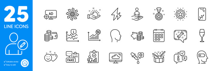 Outline icons set. Electricity, Chart and Piggy bank icons. 5g statistics, Weariness, Drums web elements. Info, Versatile, Smile signs. Wineglass, Smartphone broken, Spanner. Winner star. Vector