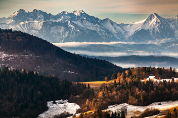 Stunning high rocky mountains landscape, the incredible early spring view of Tatra Mountains in Poland