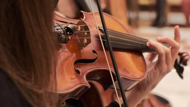 M&uacute;sico tocando viol&iacute;n en plano detalle de las manos