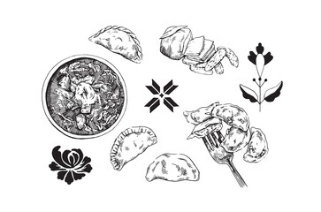 Ukrainian cuisine, borscht, dumplings, lard. Vector seamless pattern, sketch design.