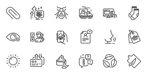 Outline set of Myopia, Cutting board and Socks line icons for web application. Talk, information, delivery truck outline icon. Include Software bug, Card, Leaves icons. Vector