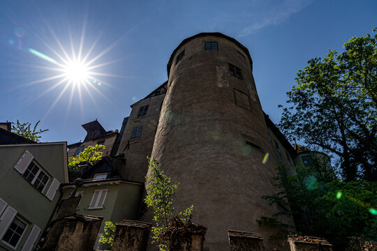 Big walls of an old castle ruin with tower