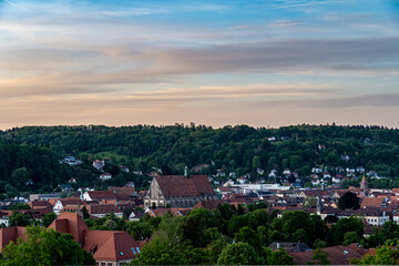 Fototapeta na wymiar View of a German town called Schwäbisch Gmünd with green hills in the background