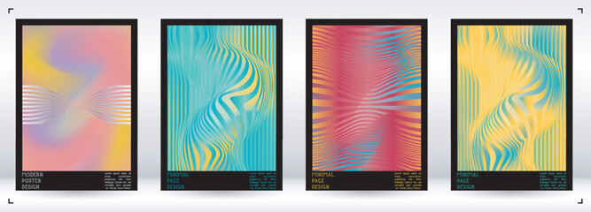 Geometrical Poster Design with Optical Illusion Effect.  Minimal Psychedelic Cover Page Collection. Colorful Wave Lines Background. Fluid Stripes Art. Swiss Design. Vector Illustration for Placard.