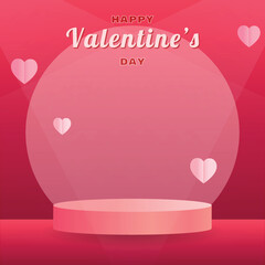 Happy Valentine's Day podium. 3D background for product show. Red stage for marketing, commercial. For flyer, poster, social media post, brochure, banner. Vector illustrations.