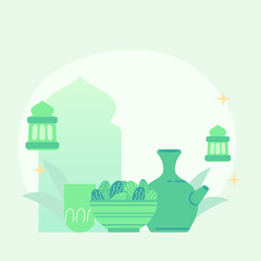 Fototapeta premium cute flat illustration eid mubarak greeting. flat illustration about fasting. cute illustration of breaking fast. cute flat illustration ramadan.