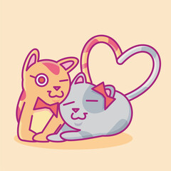 cute cat illustration. cat flat illustration. illustration of a cat couple making a love symbol with tails. cute cat cuddling.