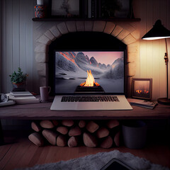 Photorealistic Macbook Pro desktop setup in a hygge room with fireplace, pastel colors