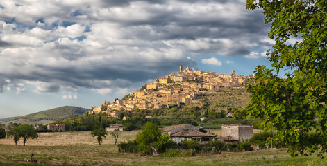 Beautiful panorama of the medieval city of Trevi, in Umbria (Italy) at sunset - 562448176