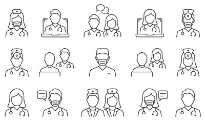Doctors Line Icon Set. Medic Specialists and Patient Consultation Linear Pictogram. Online Medical Support Outline Icon. Medicine Info Speech Bubble. Editable Stroke. Isolated Vector Illustration