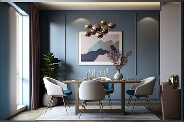 A modern Kitchen, in a minimalist millenium crib, high ceiling and filled with warm blue and khaki colour as the wall blend in with the design of the furniture.