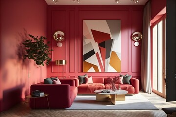 a modern living room in a minimalist millenium crib, high ceiling and filled with vibrant red-orange called Raspberry Blush as the wall blend in with the design of the furniture.

