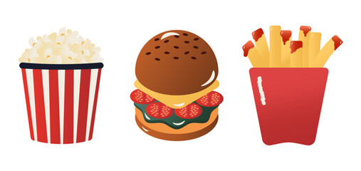 Fast Food icon. Stickers Isolated On White Background. popcorn, hamburger and french fries. Vector