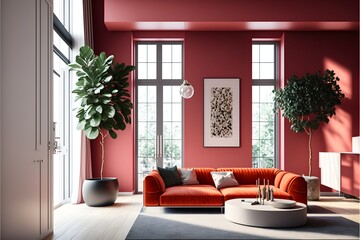 a modern living room in a minimalist millenium crib, high ceiling and filled with vibrant red-orange called Raspberry Blush as the wall blend in with the design of the furniture.

