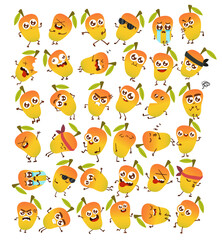 Cute Cartoon Emotional Mango character stickers vector illustration on white background