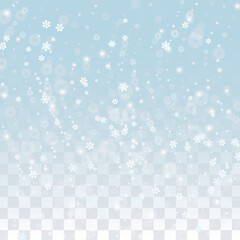 Christmas Vector Background with Falling Snowflakes  Isolated on Transparent Background. Realistic Snow Sparkle Pattern. Snowfall Overlay Print. Winter Sky. Realistic Snow. Happy Christmas, New Year.