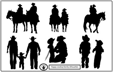 Set of Happy Cowboy Family vector silhouettes. - obrazy, fototapety, plakaty