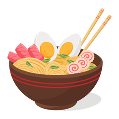 Cartoon ramen bowl. Japanese noodle soup, traditional tasty broth with noodles and eggs flat vector illustration white background