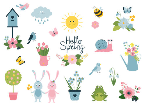 Cute vector spring set on isolated white background. Collection of flowers, plants, birds, butterflies. Cartoon bunny, frog, snail, bee. Hello spring