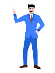 Businessman in blue suit standing, showing gesture with hand isolated over white background. Presentation, ad. Concept of business, career, innovations