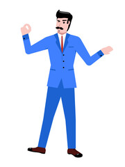 Businessman in blue suit standing, showing gesture with hand isolated over white background. Presentation, ad. Concept of business, career, innovations