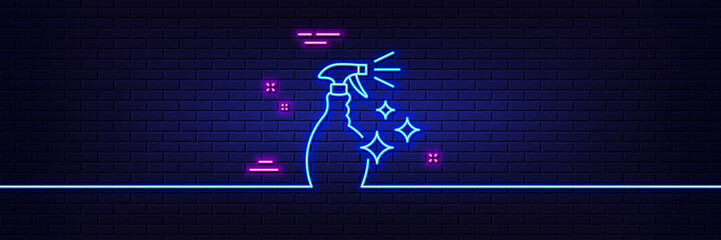 Neon light glow effect. Cleaning spray line icon. Washing liquid or Cleanser symbol. Housekeeping equipment sign. 3d line neon glow icon. Brick wall banner. Washing Cleanser outline. Vector
