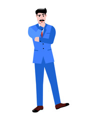 Businessman in blue suit standing, showing gesture with hand isolated over white background. Presentation, ad. Concept of business, career, innovations