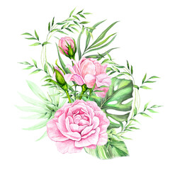 watercolor illustration composition bouquet of pink roses with green tropical leaves isolated on white background